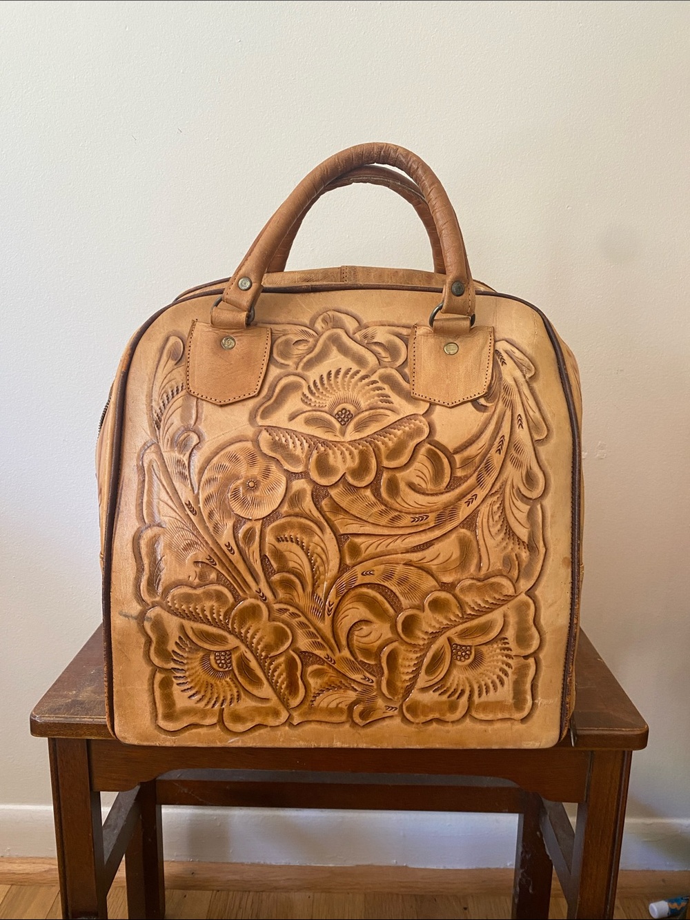 Vintage Hand-Tooled Leather Bowling Bag